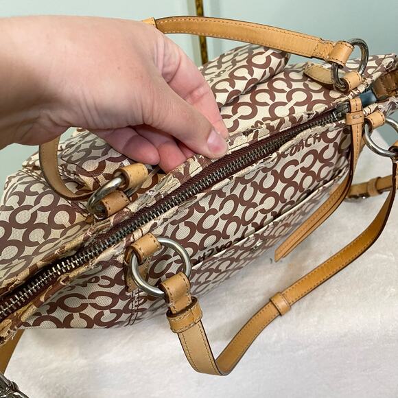 COACH Womens Satchel Shoulder Handbag Purse Signature Coated Canvas Brown Tan - Picture 6 of 16